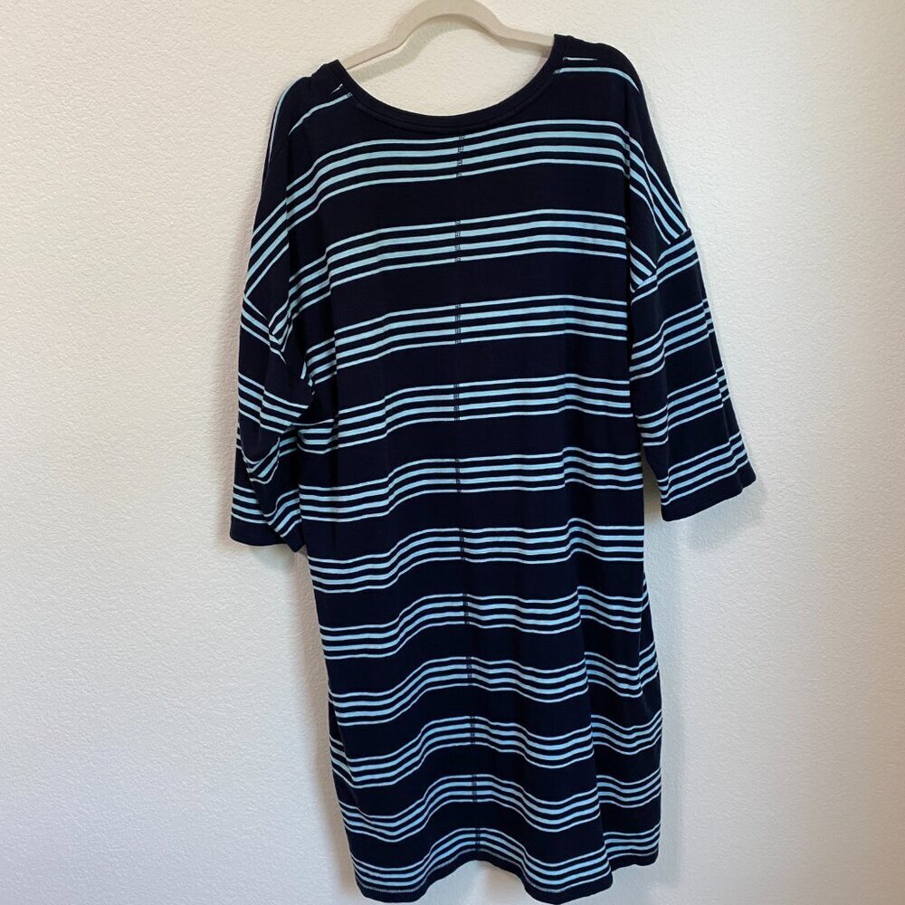 T By Talbots Terry Cotton Shift Dress Navy Stripe Button-Hem V-Neck - Picture 7 of 7